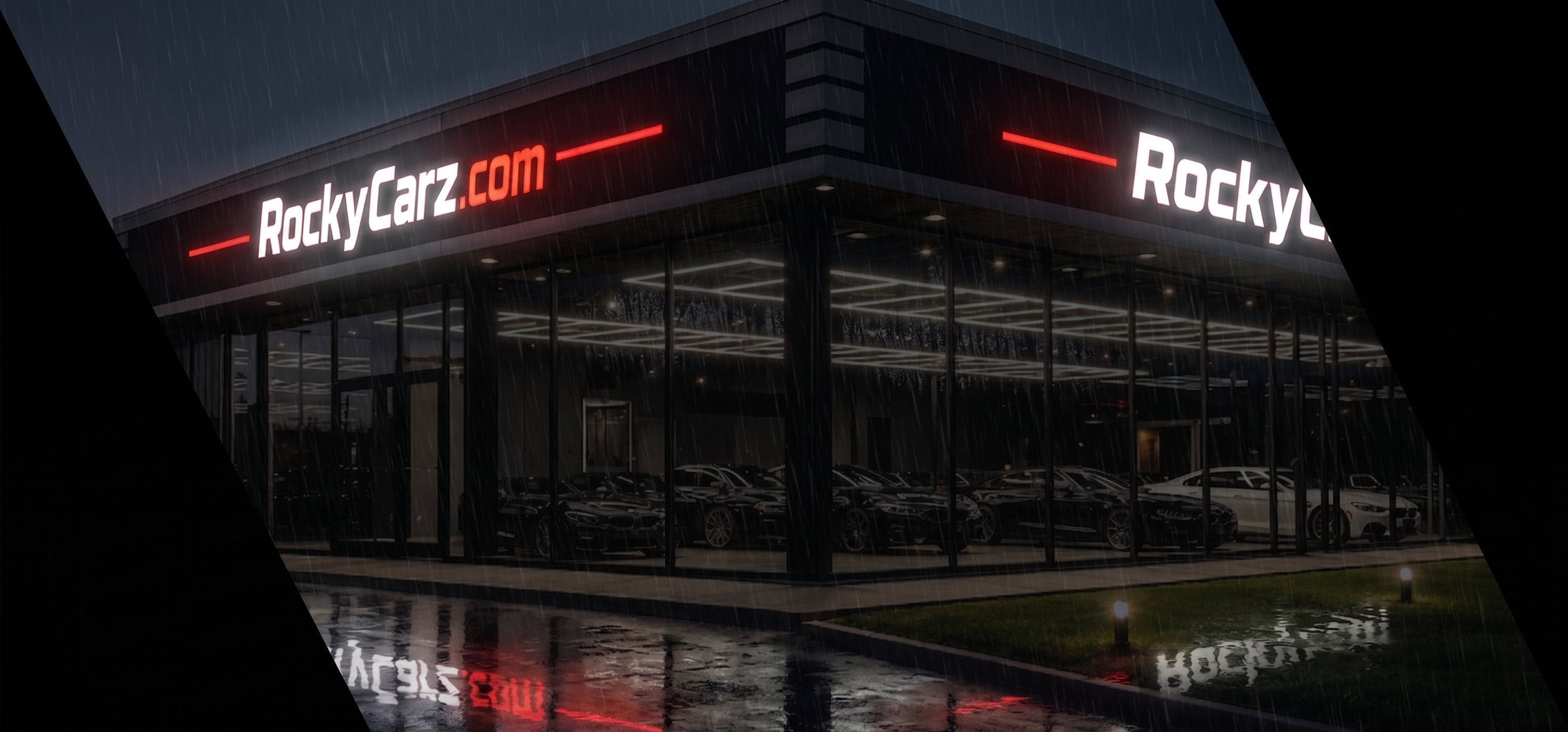RockyCarz storefront at night